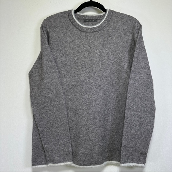 Suzy Shier | Soft Grey Crew Neck Sweater with Fuzzy Trim • Minimalist Cozy Knit - Picture 1 of 9